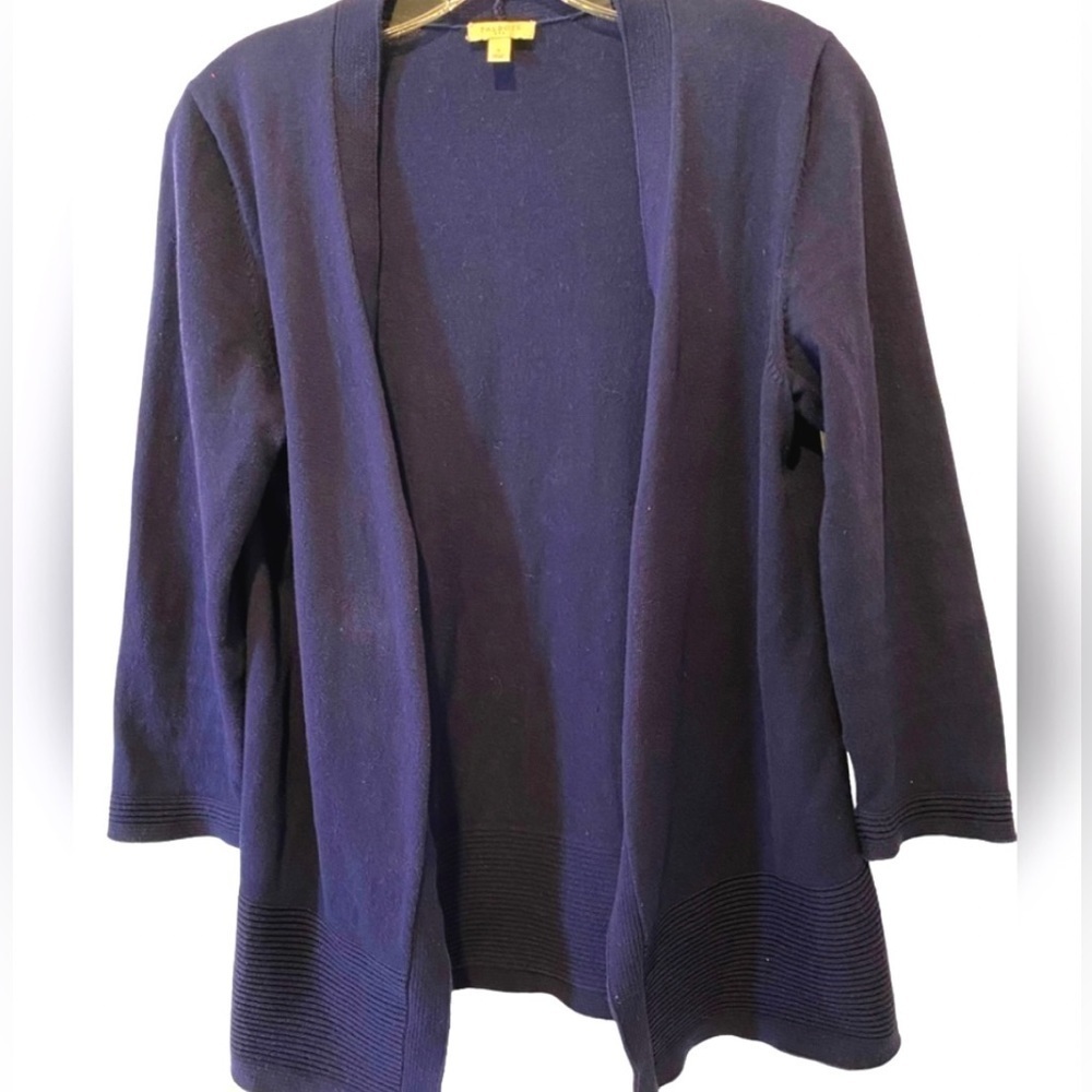 Talbot Navy open cardigan 3/4 sleeves trimmed in same color ribbing cotton S
C
